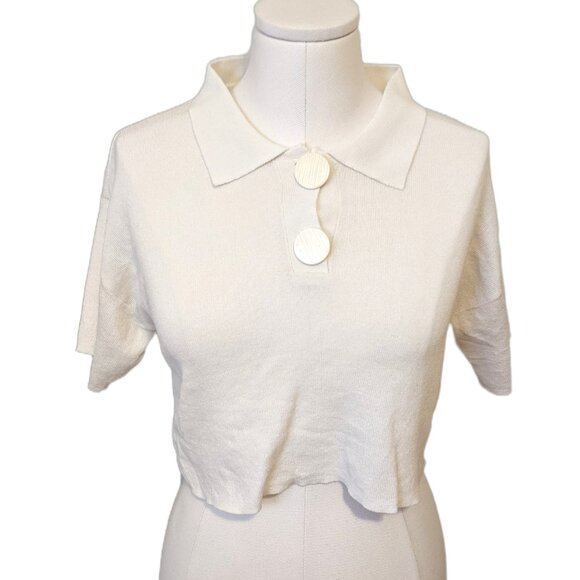 Storets Womens White Knit Polo Crop Top Statement Buttons Summer Scandi Sz S - Picture 1 of 8